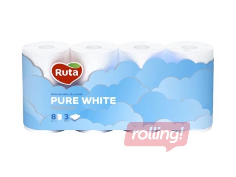 Tualettpaber Ruta Pure 8 rulli, 3-kihiline, valge