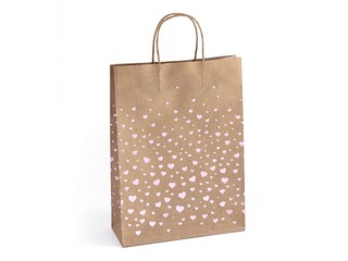 Paper bag with handles, 33 x 10 x 24 cm, brown with pink hearts, 5 pcs
