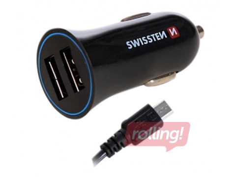 Swissten Premium Car charger 12 / 24V / 1A + 2.1A and Micro USB Cable 1.5m, Black
